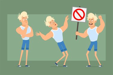 Çizgi film düz komik güçlü sarışın, atlet ve şortlu sporcu karakter. Çocuk düşünüyor ve elinde dur işareti yok. Animasyon için hazır. Yeşil arka planda izole edilmiş. Vektör seti.