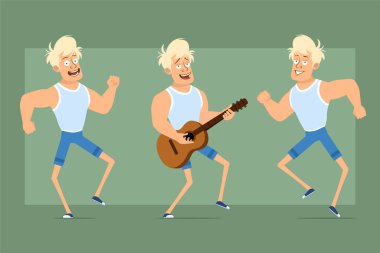 Çizgi film düz komik güçlü sarışın, atlet ve şortlu sporcu karakter. Çocuk atlıyor, dans ediyor ve gitarda rock çalıyor. Animasyon için hazır. Yeşil arka planda izole edilmiş. Vektör seti.