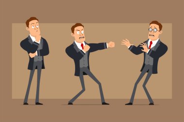 Cartoon flat funny strong business man character in black coat and tie. Boy scared, thinking and fighting. Ready for animation. Isolated on brown background. Vector set.