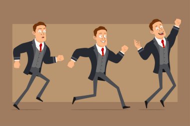 Çizgi film düz komik güçlü iş adamı karakteri siyah ceketli ve kravatlı. Çocuk hızlı koşuyor ve zıplıyor. Animasyon için hazır. Kahverengi arka planda izole edilmiş. Vektör seti.