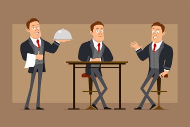 Çizgi film düz komik güçlü iş adamı karakteri siyah ceketli ve kravatlı. Çocuk oturuyor, dinleniyor ve metal garson tepsisini tutuyor. Animasyon için hazır. Kahverengi arka planda izole edilmiş. Vektör seti.