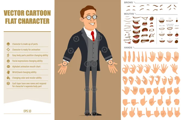 Cartoon Flat Funny Strong Business Man Character Black Coat Tie — Vetor de Stock