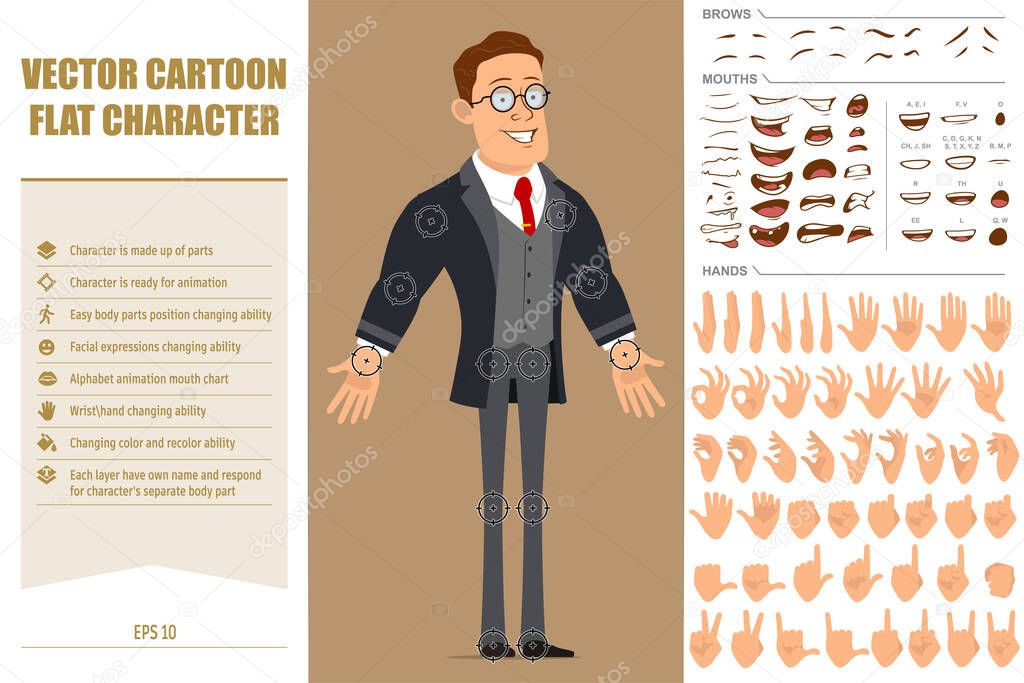 Cartoon flat funny strong business man character in black coat and tie. Ready for animation. Face expressions, eyes, brows, mouth and hands easy to edit. Isolated on brown background. Big vector set.