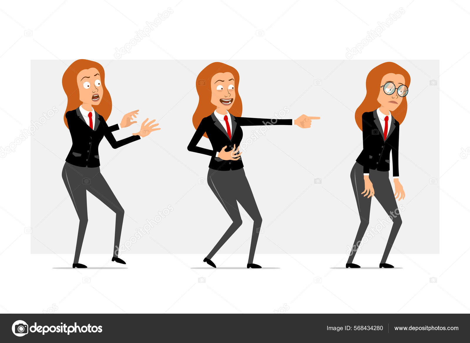 Cartoon Flat Funny Redhead Business Woman Character Black Suit Red