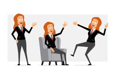 Çizgi film düz, komik, kızıl saçlı, siyah takım elbiseli, kırmızı kravatlı kadın karakter. Kız dinleniyor, baş parmağını kaldırıyor ve iyi bir jest yapıyor. Animasyon için hazır. Gri arka planda izole edilmiş. Vektör seti.