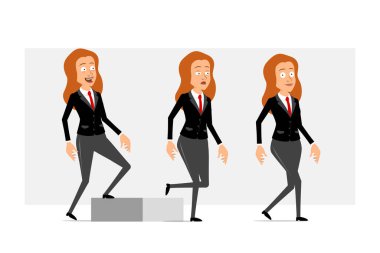 Çizgi film düz, komik, kızıl saçlı, siyah takım elbiseli, kırmızı kravatlı kadın karakter. Başarılı, yorgun kız hedefine doğru yürüyor. Animasyon için hazır. Gri arka planda izole edilmiş. Vektör seti.