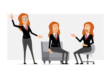 Çizgi film düz, komik, kızıl saçlı, siyah takım elbiseli, kırmızı kravatlı kadın karakter. Kız poz veriyor, dinleniyor ve hoş geldin jesti yapıyor. Animasyon için hazır. Gri arka planda izole edilmiş. Vektör seti.