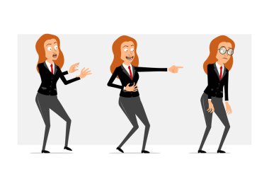 Çizgi film düz, komik, kızıl saçlı, siyah takım elbiseli, kırmızı kravatlı kadın karakter. Kız korkmuş, üzgün, yorgun ve şeytani bir gülümseme sergiliyor. Animasyon için hazır. Gri arka planda izole edilmiş. Vektör seti.