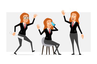 Çizgi film düz, komik, kızıl saçlı, siyah takım elbiseli, kırmızı kravatlı kadın karakter. Gazeteyle yürüyen ve telefonla konuşan bir kız. Animasyon için hazır. Gri arka planda izole edilmiş. Vektör seti.