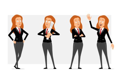 Çizgi film düz, komik, kızıl saçlı, siyah takım elbiseli, kırmızı kravatlı kadın karakter. Kız gibi düşünmek, elinde gazete tutmak ve hoş geldin işareti göstermek. Animasyon için hazır. Gri arka planda izole edilmiş. Vektör seti.