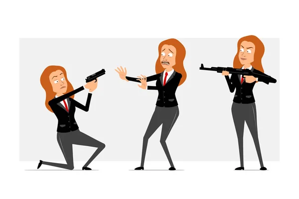 Dibujos Animados Plana Divertida Pelirroja Mujer Negocios Personaje Traje Negro — Vector de stock