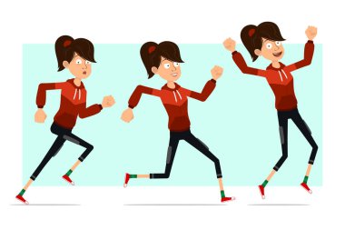 Kırmızı kapüşonlu komik, komik, şirin, spor kız karakteri. Canlandırmaya hazırız. Fitness kızı koşuyor ve zıplıyor. Beyaz arka planda izole edilmiş. Büyük vektör simgesi kümesi.