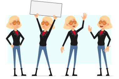 Çizgi film düz komik komik, deri ceketli sevimli rock and roll kızı karakteri. Animasyon için hazır. Sarışın kız ayakta duruyor ve elinde mesaj için boş tabela tutuyor. Beyaz arka planda izole edilmiş. Vektör simgesi ayarlandı.