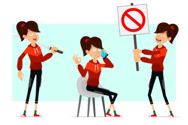 Çizgi film düz komik spor kız karakteri kırmızı kapüşonlu. Canlandırmaya hazırız. Fitness kızı telefonda konuşuyor, kılıç tutuyor ve giriş işareti göstermiyor. Beyaz arka planda izole edilmiş. Büyük vektör simgesi kümesi.