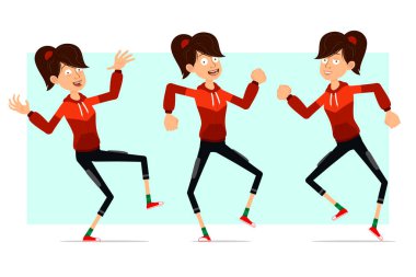 Kırmızı kapüşonlu komik, komik, şirin, spor kız karakteri. Canlandırmaya hazırız. Zıplayan ve dans eden fitness rock 'n roll kızı. Beyaz arka planda izole edilmiş. Büyük vektör simgesi kümesi.