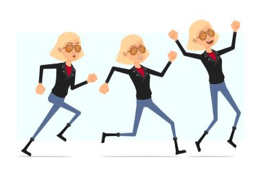 Çizgi film düz komik komik, deri ceketli sevimli rock and roll kızı karakteri. Animasyon için hazır. Sarışın kız koşuyor ve zıplıyor. Beyaz arka planda izole edilmiş. Vektör simgesi ayarlandı.