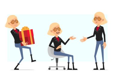 Çizgi film düz komik komik, deri ceketli sevimli rock and roll kızı karakteri. Animasyon için hazır. Sarışın kız hediye taşıyor ve kanepede oturuyor. Beyaz arka planda izole edilmiş. Vektör simgesi ayarlandı.