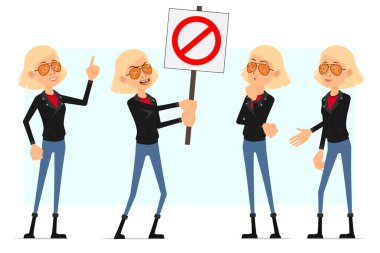 Çizgi film düz komik rock and roll kızı karakteri deri ceketli. Animasyon için hazır. Sarışın asi kız ve giriş işareti yok ve el sıkışıyor. Beyaz arka planda izole edilmiş. Vektör simgesi ayarlandı.