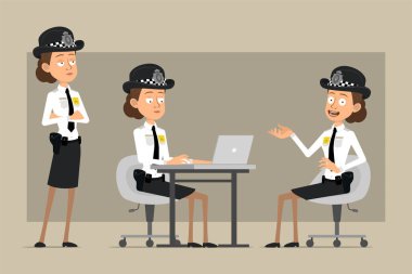 Çizgi film düz komik İngiliz polis kadın karakteri siyah şapkalı ve rozetli. Kız dizüstü bilgisayarda poz veriyor ve çalışıyor. Animasyon için hazır. Gri arka planda izole edilmiş. Vektör seti.