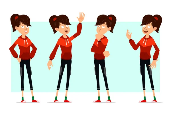 Cartoon Płaskie Śmieszne Cute Sport Girl Postać Czerwonym Kapturze Gotowi — Wektor stockowy