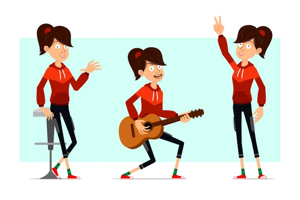 Cartoon Flat Funny Cute Sport Girl Character Red Hoodie Ready — Image vectorielle