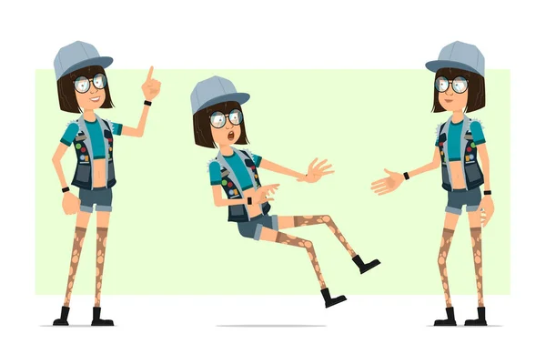 Cartoon Flache Hipster Mädchenfigur Truckermütze Brille Und Jeanshose Bereit Für — Stockvektor