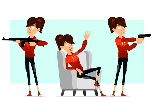 Cartoon Flat Funny Cute Sport Girl Character Red Hoodie Ready — Stok Vektör