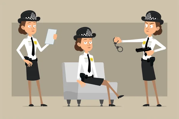黒の帽子で漫画フラット面白い英国の警察官の女性の文字とバッジと制服 女の子はノートを読み 手錠を保持 アニメーションの準備 灰色の背景に隔離されている ベクトルセット — ストックベクタ