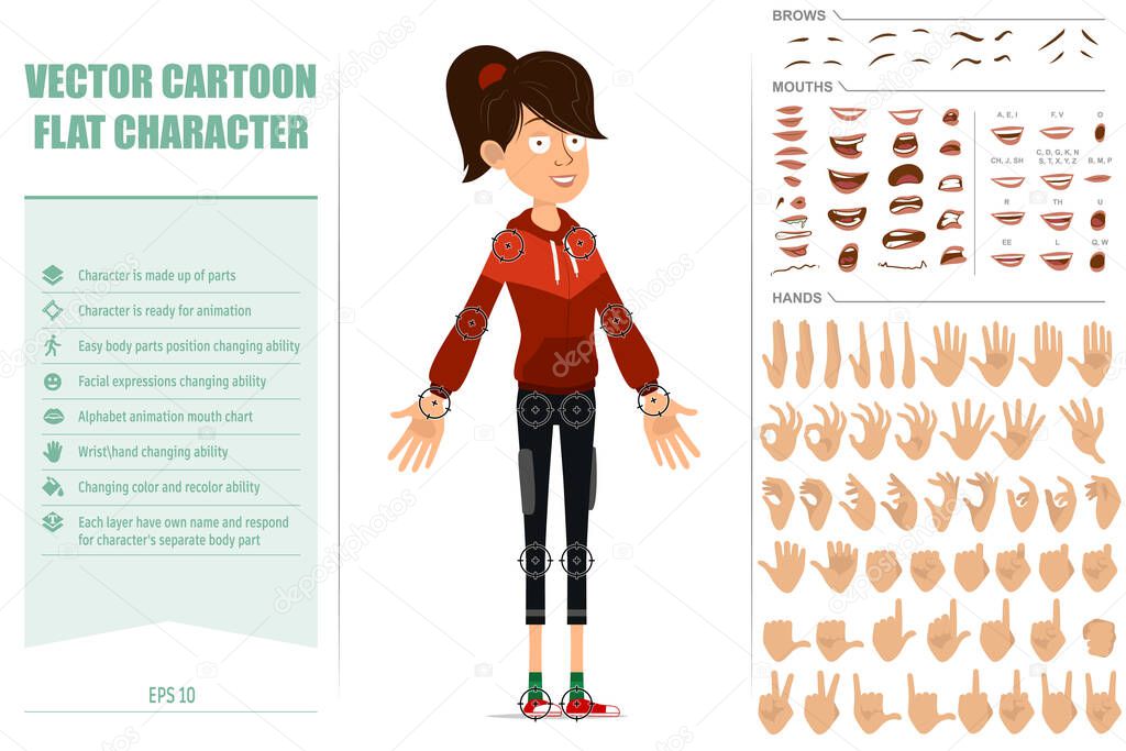Cartoon flat cute sport girl character in red hoodie. Ready for animations. Face expressions, eyes, brows, mouth and hands easy to edit. Isolated on white background. Big vector icon set.