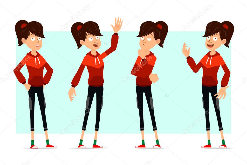 Cartoon flat funny cute sport girl character in red hoodie. Ready for animations. Fitness girl standing, thinking and saying Hello. Isolated on white background. Big vector icon set.