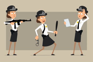 Çizgi film düz komik İngiliz polis kadın karakteri siyah şapkalı ve rozetli. Tüfekten ateş eden ve elleri kelepçeli bir kız. Animasyon için hazır. Gri arka planda izole edilmiş. Vektör seti.