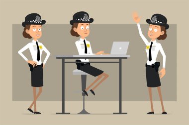 Çizgi film düz komik İngiliz polis kadın karakteri siyah şapkalı ve rozetli. Kız dizüstü bilgisayarda poz veriyor ve çalışıyor. Animasyon için hazır. Gri arka planda izole edilmiş. Vektör seti.