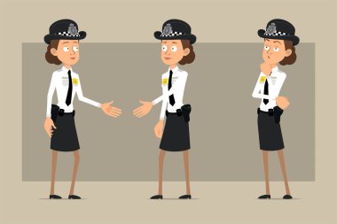 Çizgi film düz komik İngiliz polis kadın karakteri siyah şapkalı ve rozetli. Kız düşünüyor ve el sıkışıyor. Animasyon için hazır. Gri arka planda izole edilmiş. Vektör seti.