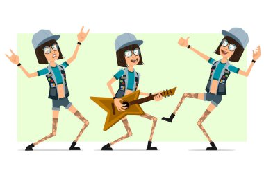 Çizgi film düz hippi kız karakteri kamyon şoförü şapkası, gözlüğü ve kot şortu var. Animasyon için hazır. Gitar çalan, rock 'n roll gösteren, işaret veren bir kız. Zeytin arka planında izole edilmiş. Vektör seti.