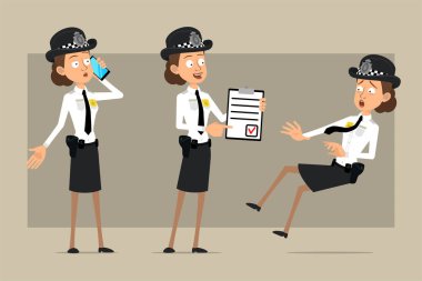 Çizgi film düz komik İngiliz polis kadın karakteri siyah şapkalı ve rozetli. Kız listeyi tutuyor ve telefonda konuşuyor. Animasyon için hazır. Gri arka planda izole edilmiş. Vektör seti.