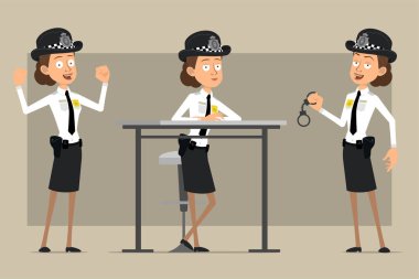 Çizgi film düz komik İngiliz polis kadın karakteri siyah şapkalı ve rozetli. Kız kaslarını gösteriyor ve elleri kelepçeli. Animasyon için hazır. Gri arka planda izole edilmiş. Vektör seti.