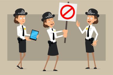 Çizgi film düz komik İngiliz polis kadın karakteri siyah şapkalı ve rozetli. Akıllı tablet tutan ve giriş işareti olmayan bir kız. Animasyon için hazır. Gri arka planda izole edilmiş. Vektör seti.