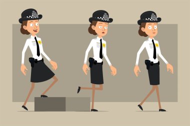 Çizgi film düz komik İngiliz polis kadın karakteri siyah şapkalı ve rozetli. Başarılı, yorgun kız hedefine doğru yürüyor. Animasyon için hazır. Gri arka planda izole edilmiş. Vektör seti.