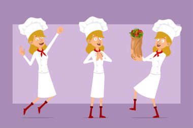 Çizgi film düz komik şef beyaz üniformalı ve fırıncı şapkalı kadın karakter. Animasyon için hazır. Zıplayan ve lezzetli taze kebap taşıyan bir kız. Menekşe arka planda izole edilmiş. Vektör seti.