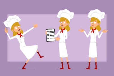 Çizgi filmdeki yassı aşçı kadın karakter beyaz üniformalı ve fırıncı şapkalı. Animasyon için hazır. Restoran menüsünü gösteren ve baş parmaklarıyla dans eden bir kız. Menekşe arka planda izole edilmiş. Vektör seti.