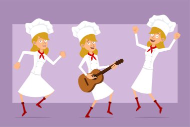 Çizgi film düz komik şef beyaz üniformalı ve fırıncı şapkalı kadın karakter. Animasyon için hazır. Kız atlıyor, dans ediyor ve gitar çalıyor. Menekşe arka planda izole edilmiş. Vektör seti.