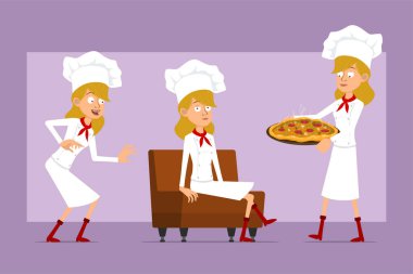 Cartoon flat chef cook woman character in white uniform and baker hat. Ready for animation. Girl resting, carrying italian pizza with salami and mushrooms. Isolated on violet background. Vector set.