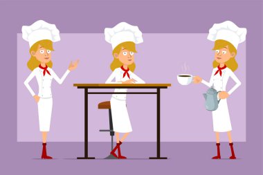 Çizgi film düz komik şef beyaz üniformalı ve fırıncı şapkalı kadın karakter. Animasyon için hazır. Tencere üstünde kahve demliği ve fincan taşıyan bir kız. Menekşe arka planda izole edilmiş. Vektör seti.