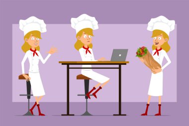 Çizgi film düz komik şef beyaz üniformalı ve fırıncı şapkalı kadın karakter. Animasyon için hazır. Dizüstü bilgisayarda çalışan ve lezzetli kebaplı shawarma taşıyan bir kız. Menekşe arka planda izole edilmiş. Vektör seti.