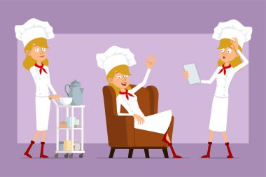 Çizgi film düz komik şef beyaz üniformalı ve fırıncı şapkalı kadın karakter. Animasyon için hazır. Kanepede dinlenen ve otel masasında yürüyen bir kız. Menekşe arka planda izole edilmiş. Vektör seti.