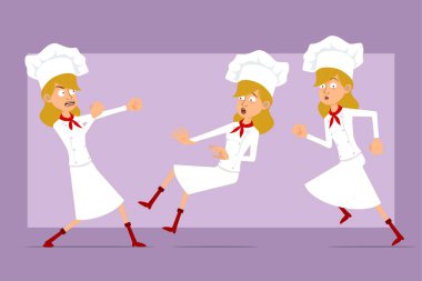 Çizgi film düz komik şef beyaz üniformalı ve fırıncı şapkalı kadın karakter. Animasyon için hazır. Kız koşuyor, kavga ediyor ve düşüyor. Menekşe arka planda izole edilmiş. Vektör seti.