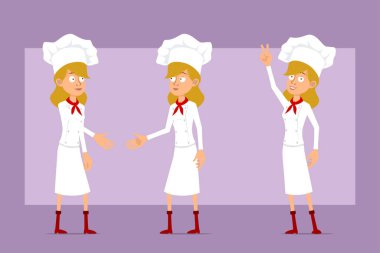 Çizgi film düz komik şef beyaz üniformalı ve fırıncı şapkalı kadın karakter. Animasyon için hazır. Kız el sıkışıyor ve barış işareti gösteriyor. Menekşe arka planda izole edilmiş. Vektör seti.