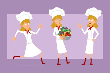 Çizgi film düz komik şef beyaz üniformalı ve fırıncı şapkalı kadın karakter. Animasyon için hazır. Koşan ve taze sebzelerle metal kap taşıyan bir kız. Menekşe arka planda izole edilmiş. Vektör seti.