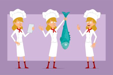 Çizgi film düz komik şef beyaz üniformalı ve fırıncı şapkalı kadın karakter. Animasyon için hazır. Kız okuyor, işaret veriyor ve büyük balığı tutuyor. Menekşe arka planda izole edilmiş. Vektör seti.