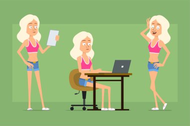 Çizgi film düz komik spor kadın karakter gömlek ve kot şort. Kız poz veriyor, not okuyor ve dizüstü bilgisayarla çalışıyor. Animasyon için hazır. Yeşil arka planda izole edilmiş. Vektör seti.